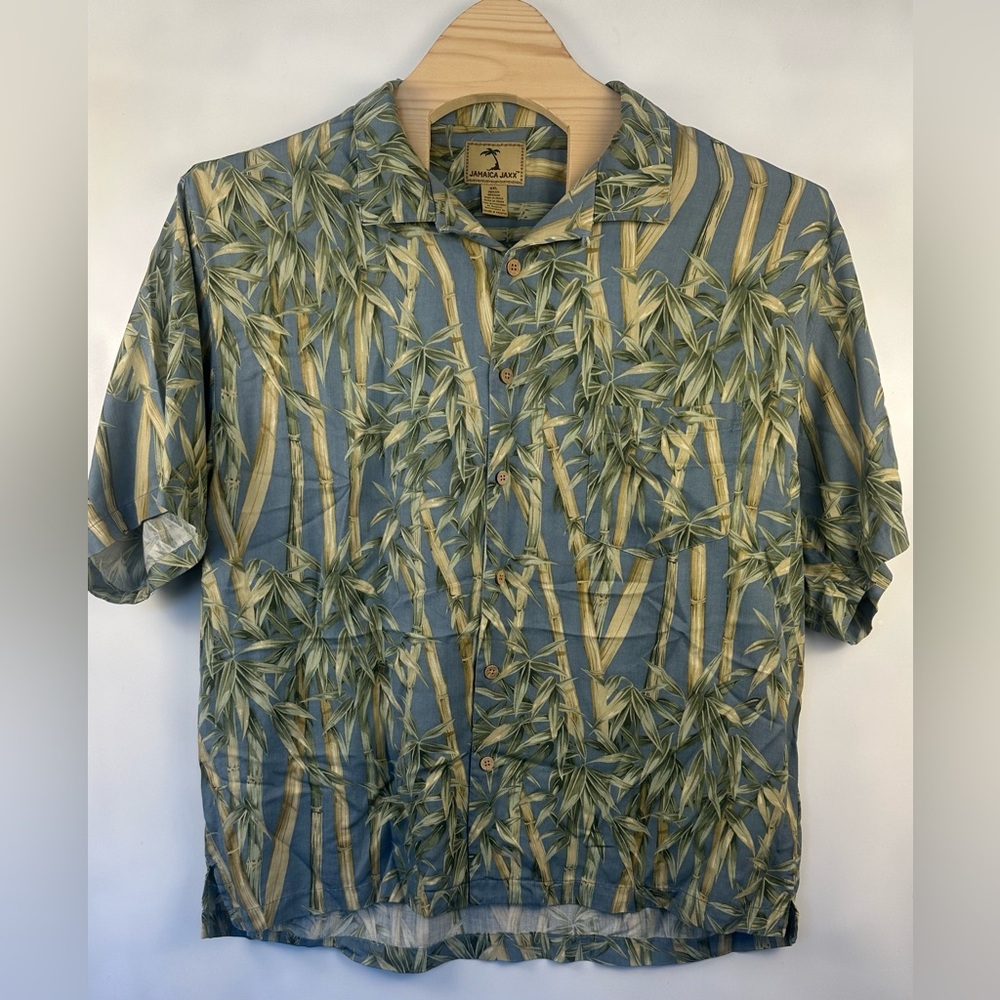 Shirt Men’s XXL Blue Silk Short Sleeve Floral Leafy Print Jamaica‎ Leaf